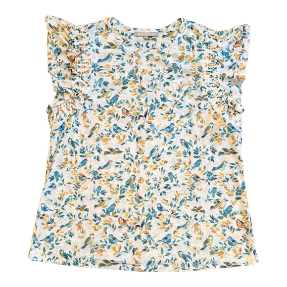 Women's Daniel Rainn XL Cream Blue Floral Bird Ruffle Sleeve Blouse - Picture 5 of 10